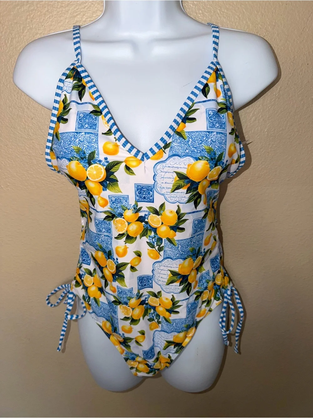 Women's Boho Lemon Print One-Piece Swimsuit - Blue & Yellow